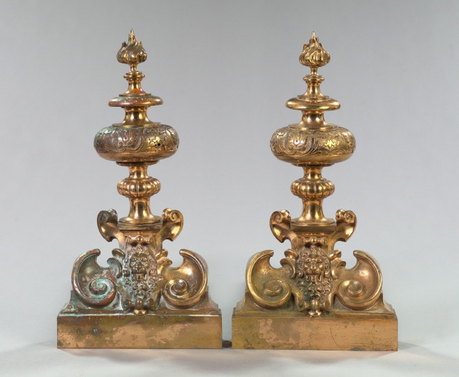 Appraisal: Imposing Pair of American Rose Brass and Wrought-Iron Vasiform Andirons