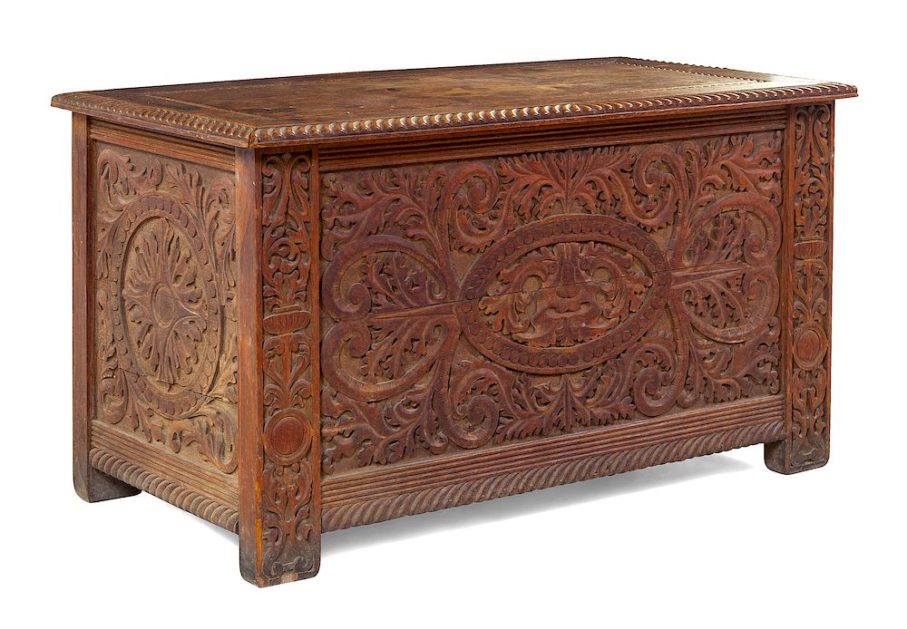 Appraisal: A Jacobean Revival Carved Trunk TH CENTURY