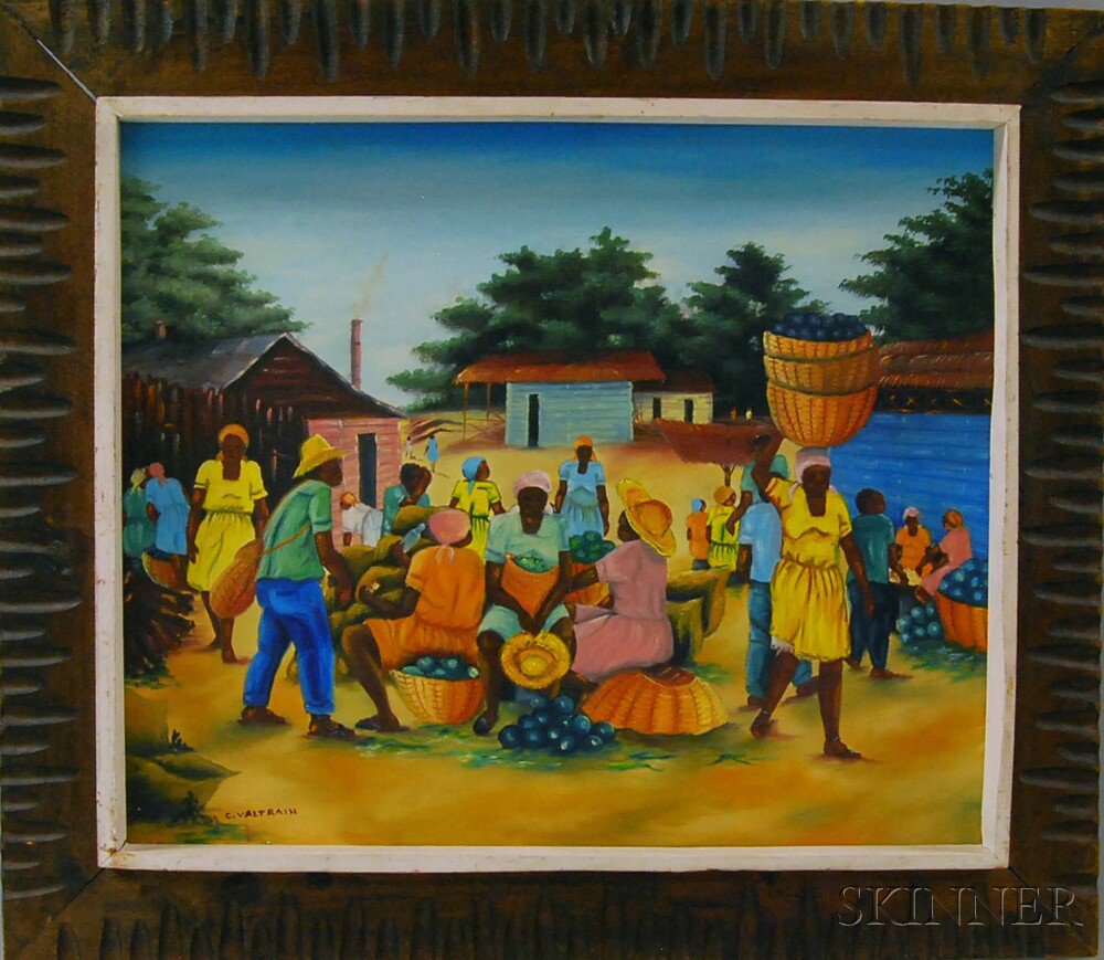 Appraisal: Haitian School th Century Open Air Market Signed C VALTRAIN