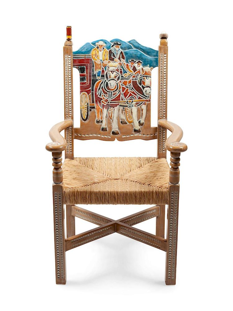 Appraisal: Painted Stagecoach Wood and Wicker Chair height x width x