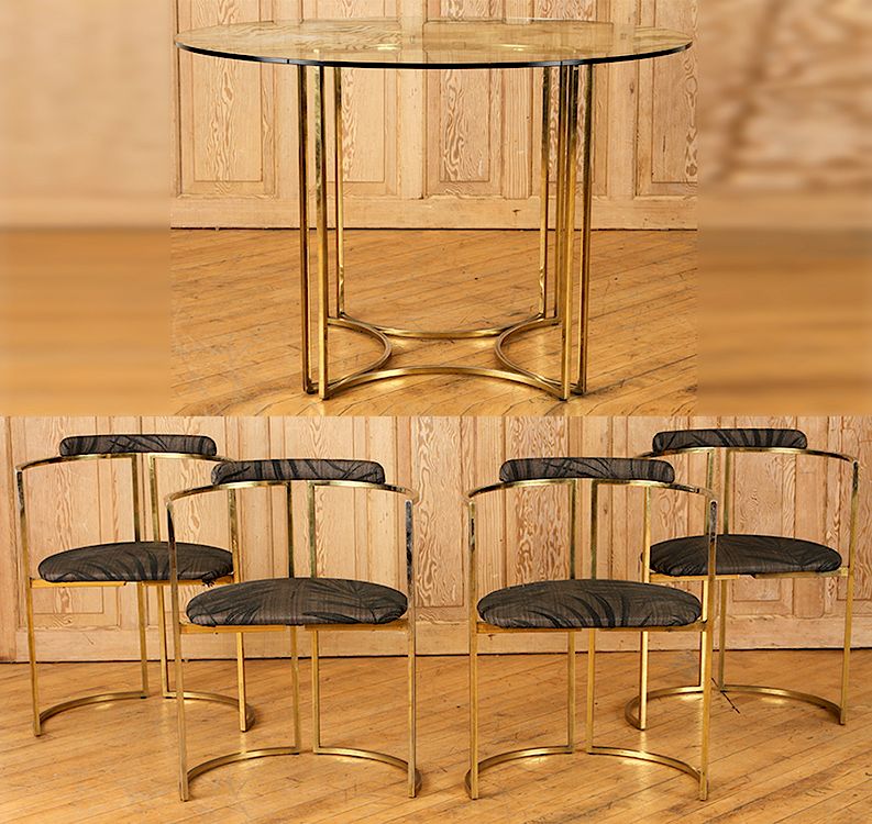 Appraisal: SET BRASS PLATED ARM CHAIRS MATCHING TABLE A set of