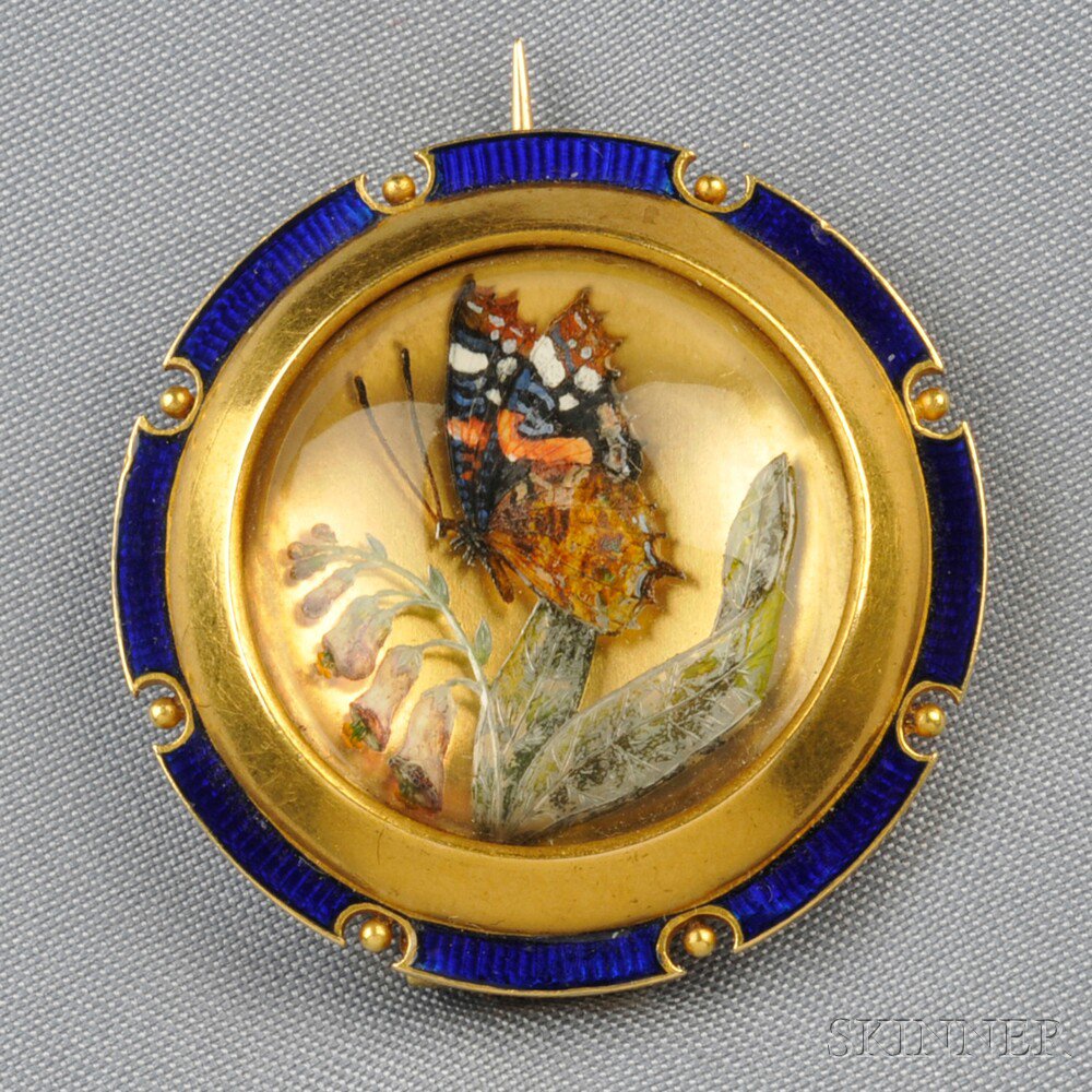 Appraisal: Antique kt Gold and Reverse-painted Crystal Brooch depicting a butterfly