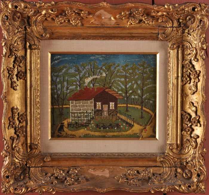 Appraisal: EUROPEAN SCHOOL LANDSCAPE WITH COTTAGE AND DOG Oil on panel