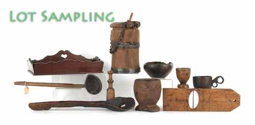 Appraisal: Collection of woodenware to include scoops a mortar utensil trays