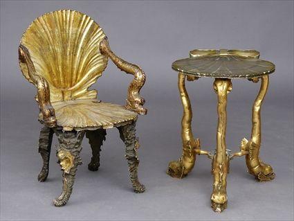 Appraisal: TWO ITALIAN ROCOCO-STYLE CARVED GILTWOOD GROTTO PIECES Comprising a chair