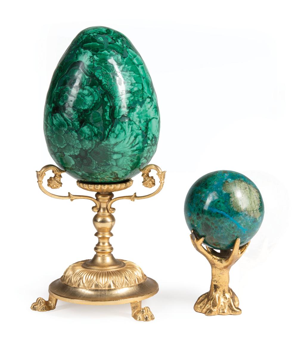 Appraisal: Two Continental Gilt Bronze and Malachite Objets incl egg h