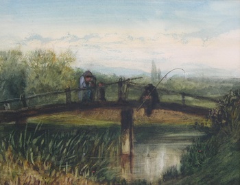 Appraisal: Unknown Artist th Century Figures fishing on a bridge Watercolor