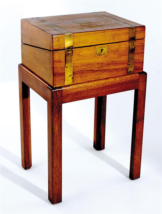 Appraisal: English walnut and brass-bound lap desk on stand late th