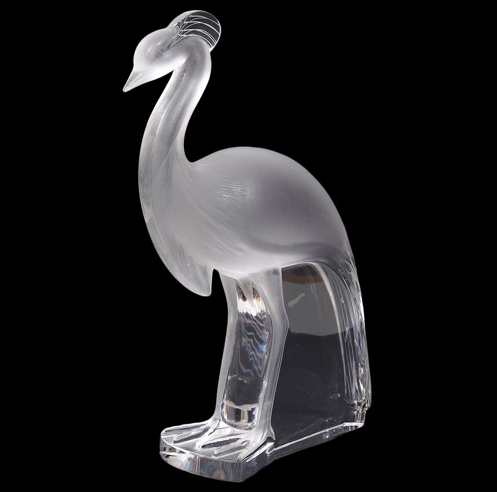 Appraisal: Lalique Louisiane Crystal Peacock Crane Lalique clear and frosted crystal