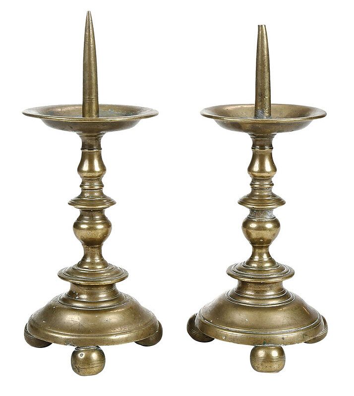 Appraisal: Pair North European Brass Pricket Candlesticks th century pricket stick