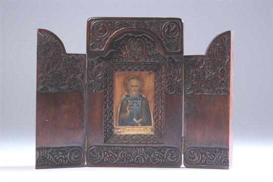 Appraisal: RUSSIAN WOOD CASED ICON OF SAINT SERGEI RADONEZHSKI early th