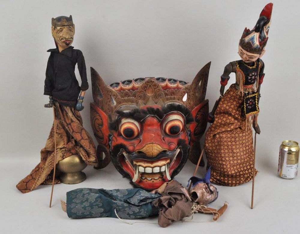 Appraisal: Group Indonesian Puppets Painted Mask comprising two rod puppets on