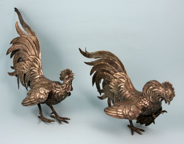 Appraisal: Late th Century pair of German silver roosters marked '