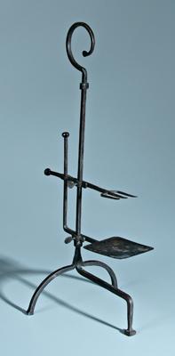 Appraisal: Hand wrought iron roasting rack adjustable mounting fork on tripod