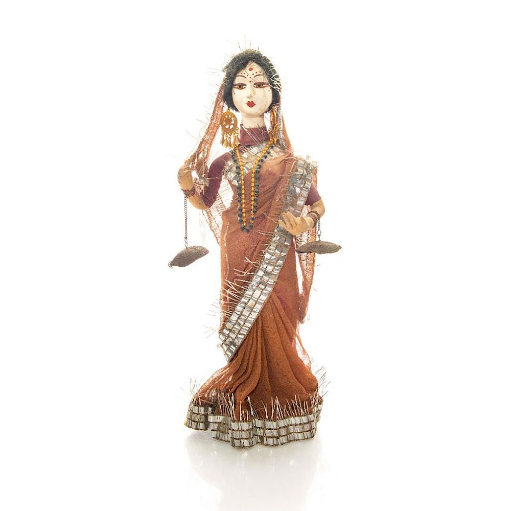 Appraisal: VINTAGE INDIAN HINDU DOLL WITH BRIDAL DRESS Wooden head with