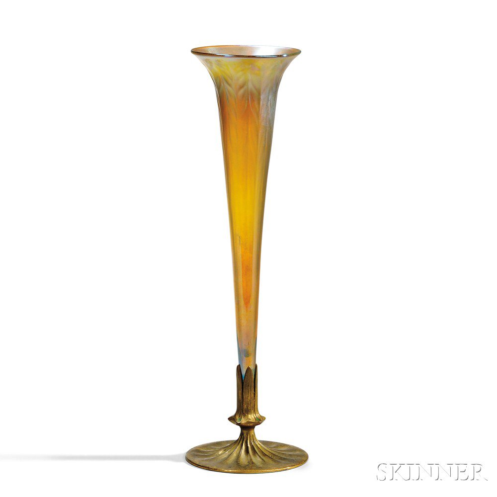 Appraisal: Louis C Tiffany Furnaces Floriform Vase Dore-finished bronze enamel glass