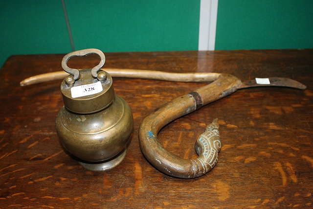 Appraisal: A BRONZE METAL FLASK with screw top and wood and