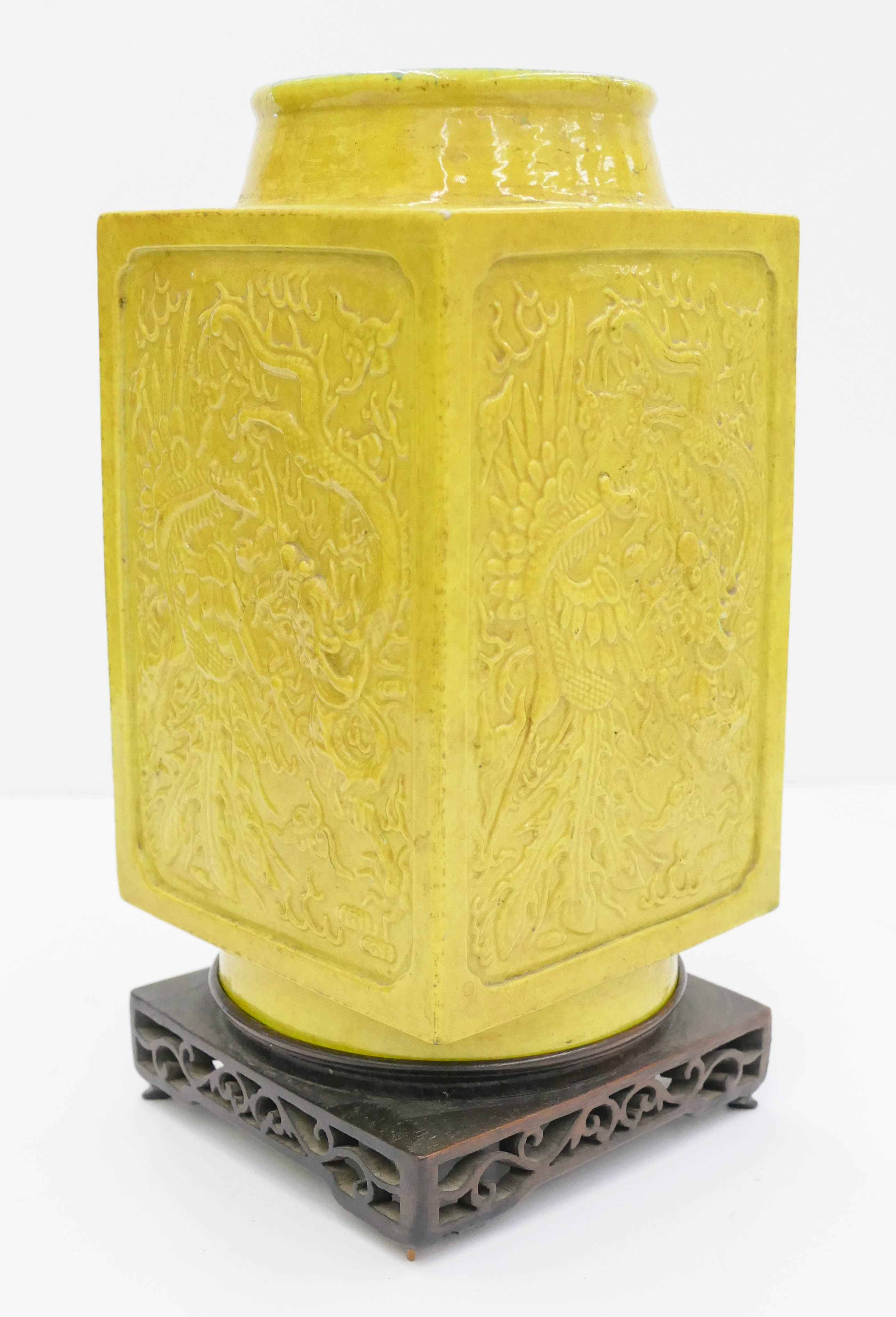 Appraisal: Chinese Republic Yellow Cong Vase ''x '' Molded five-clawed dragon