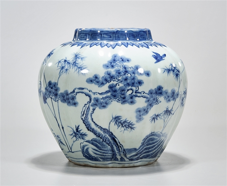 Appraisal: Chinese blue and white porcelain lobed jar depicting bamboo prune