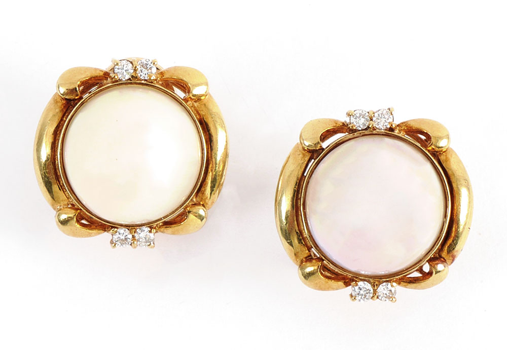 Appraisal: K MABE PEARL DIAMOND EAR CLIPS Marked and European made