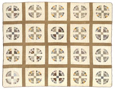 Appraisal: Mariner s Compass variant quilt hand pieced squares brown and