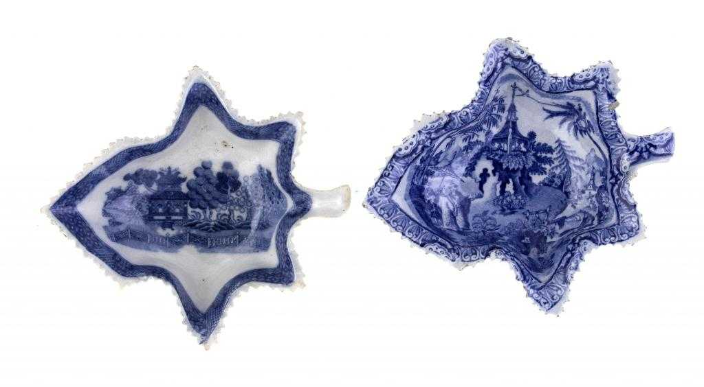 Appraisal: TWO BLUE PRINTED EARTHENWARE PICKLE DISHES of vine leaf shape