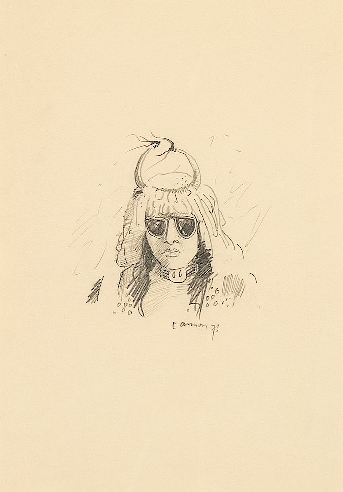 Appraisal: T C Cannon Untitled Indian with Sunglasses T C CANNON