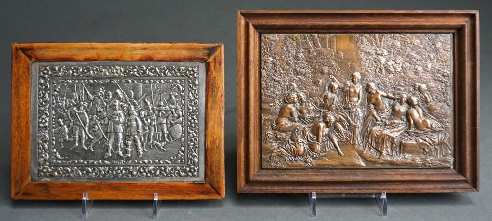 Appraisal: Two Metal Plaques in Relief Frame of larger x in