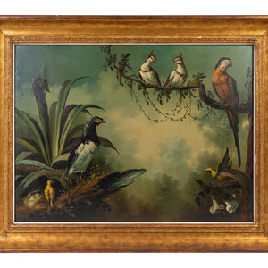 Appraisal: American School th Century Tropical Birds oil on canvas signed