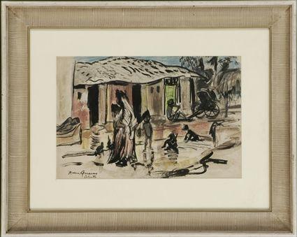 Appraisal: Indian School th C Village Scene with Figures Watercolor on