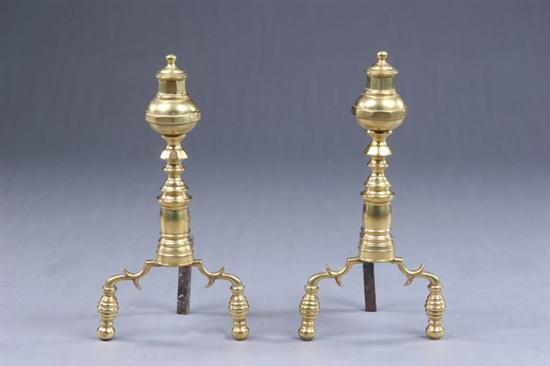 Appraisal: PAIR EMPIRE BRASS ANDIRONS early th century Each ring-turned standard