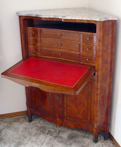 Appraisal: MARBLETOP PARQUETRY INLAY ABATTANT Serpentine front corner cabinet desk Interior