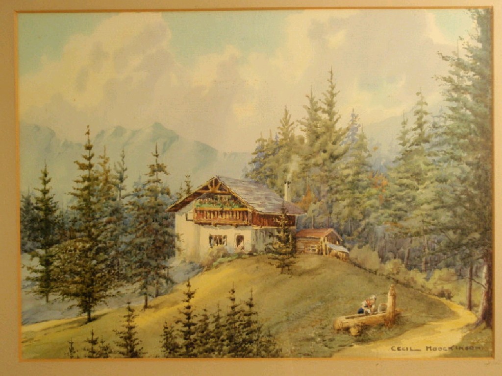 Appraisal: Cecil Hodgkinson Alpine dwelling with figure at a well watercolour