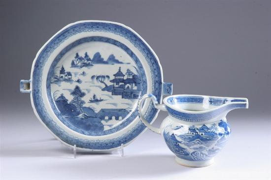 Appraisal: CHINESE CANTON BLUE AND WHITE PORCELAIN WARMING-SERVING TRAY AND PITCHER