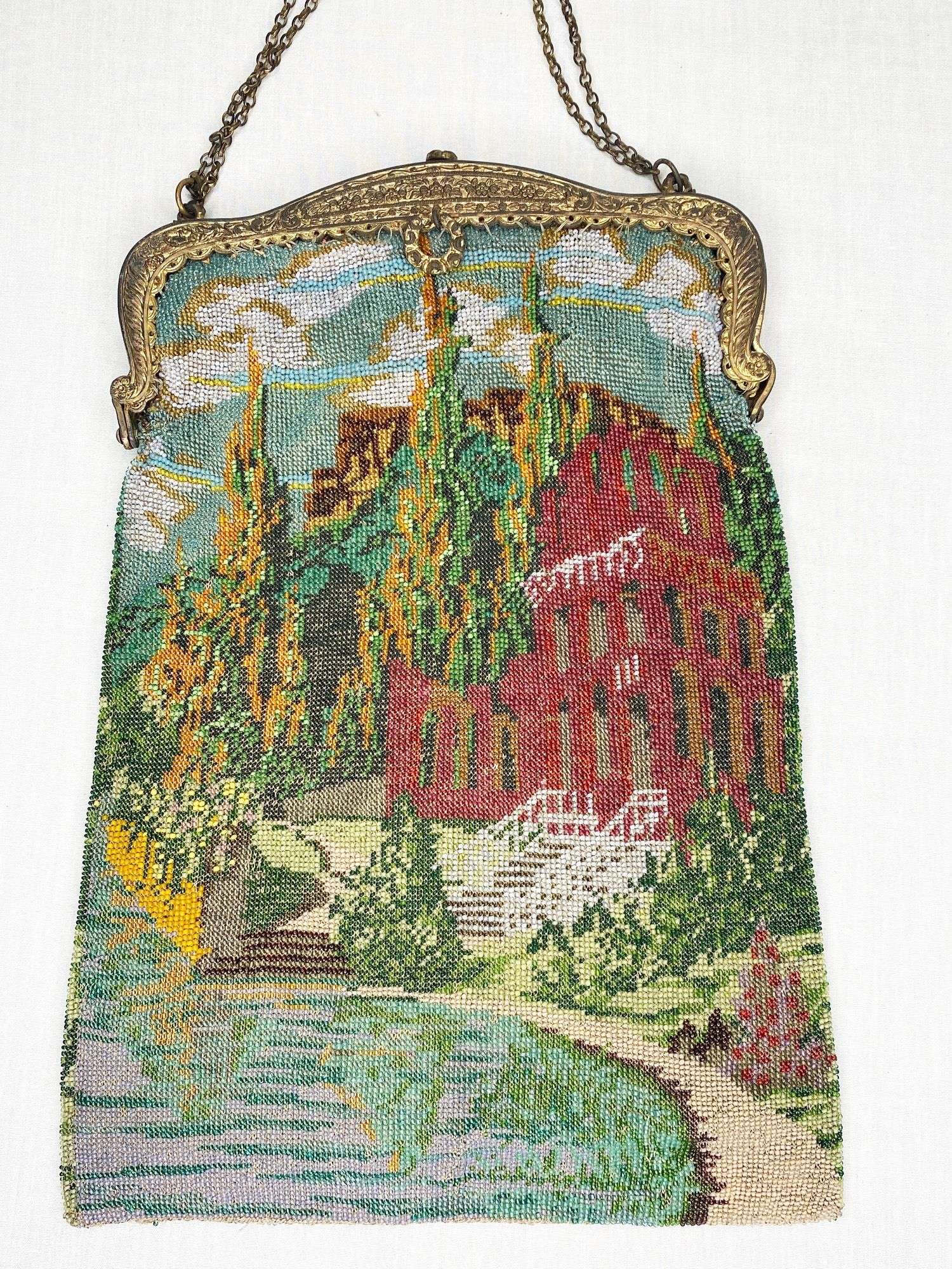 Appraisal: Micro Beaded Evening Bag with Castle Scene long wide Condition