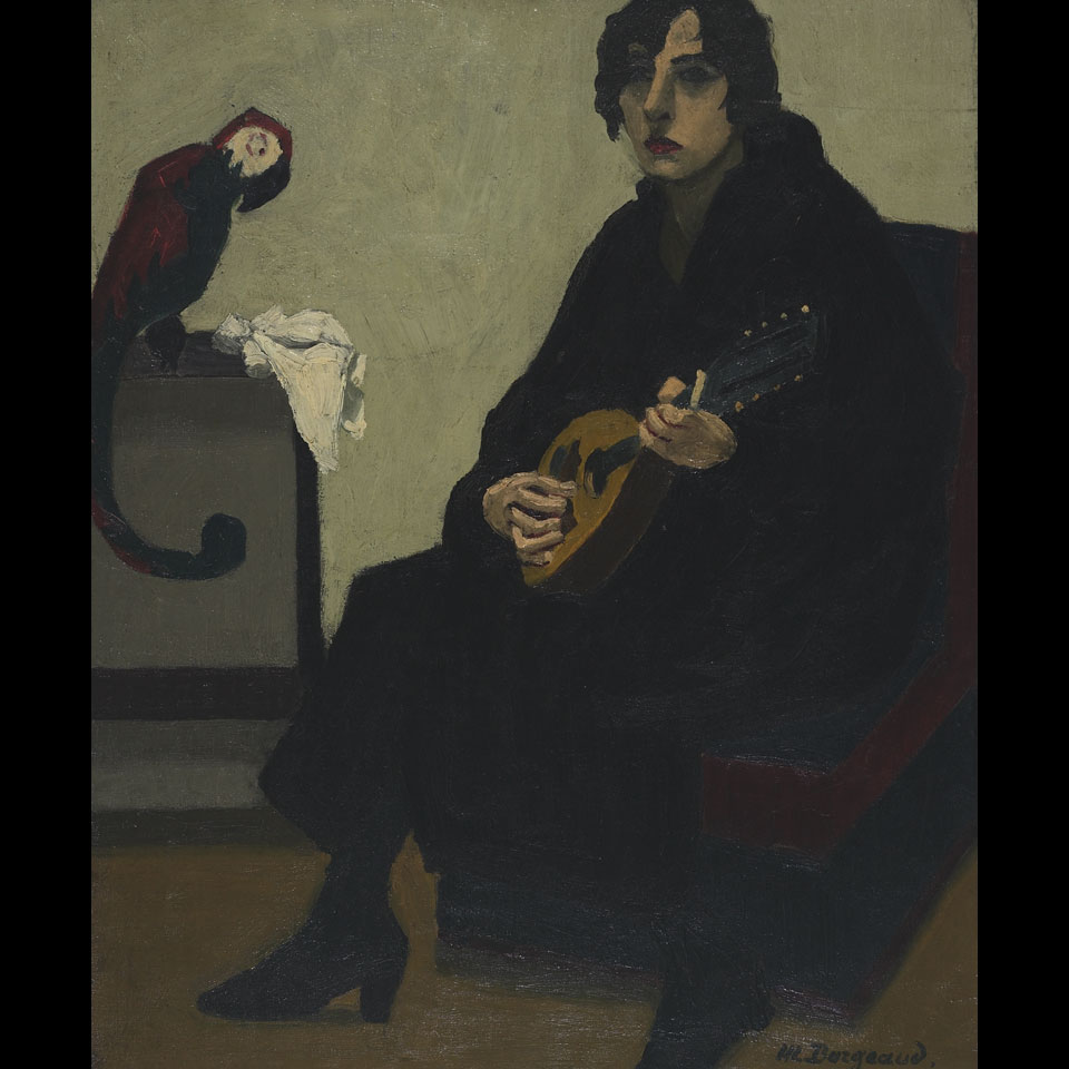 Appraisal: Marius Borgeaud - Swiss WOMAN WITH MANDOLIN AND HER PET