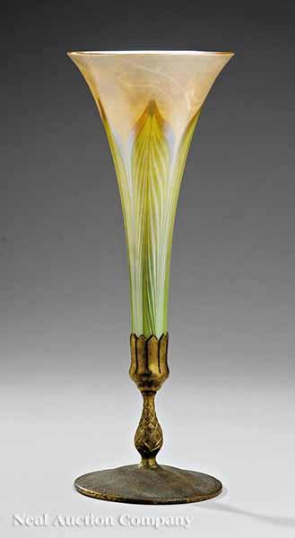 Appraisal: A Tiffany Favrile Glass and Gilt Spun Metal Trumpet Vase