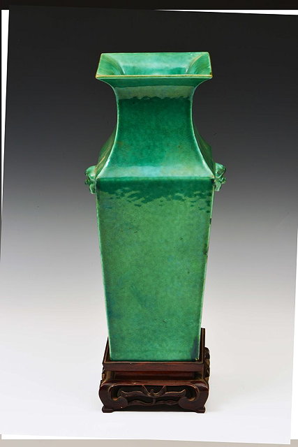 Appraisal: A CHINESE RECTANGULAR EMERALD GREEN GLAZE VASE mock mask handles