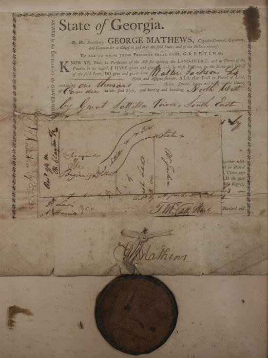 Appraisal: CAMDEN COUNTY GEORGIA LAND GRANT DOCUMENT th century Signed and