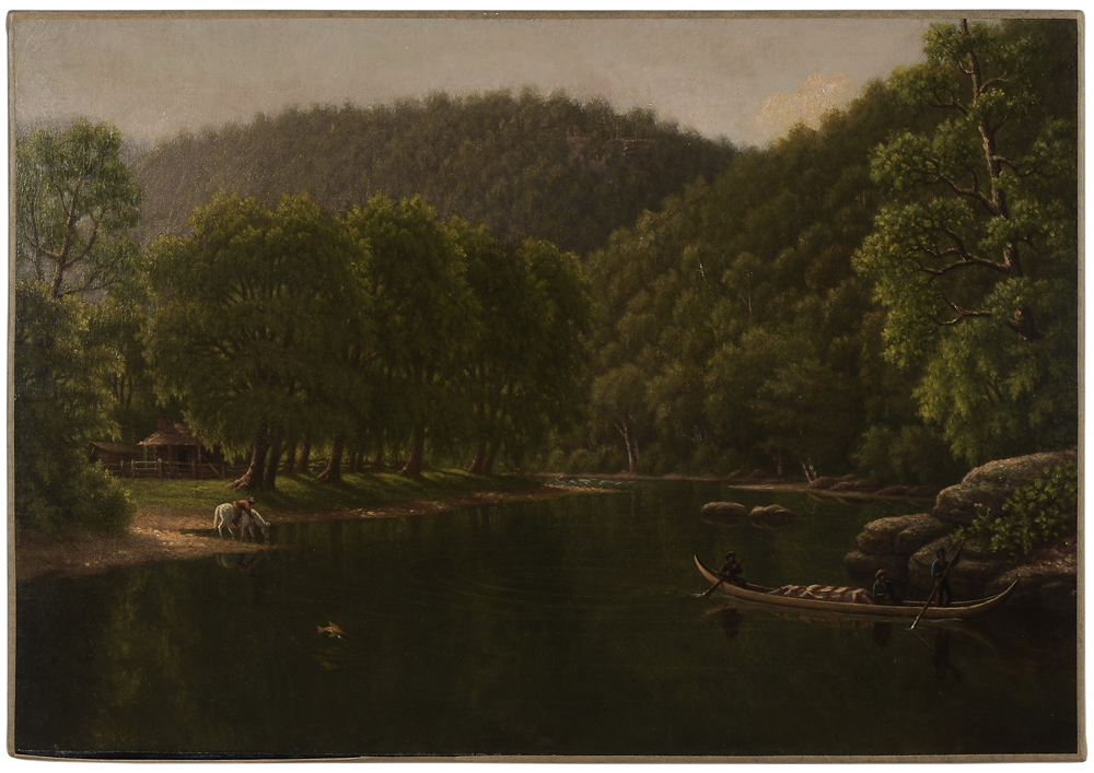 Appraisal: American School th century River Landscape figures boating watering a