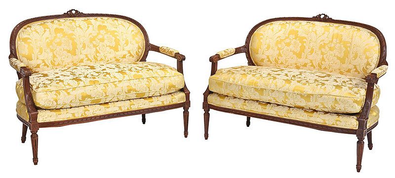 Appraisal: Pair Louis XVI Style Carved Upholstered Settees th century each