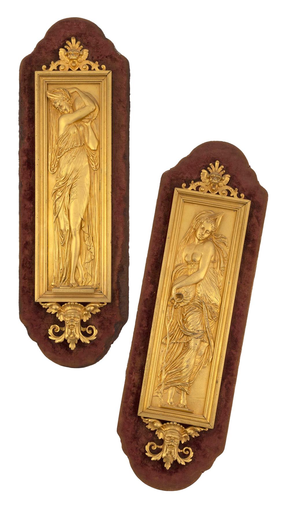 Appraisal: FERDINAND BARBEDIENNE France - Two gilt-bronze plaques depicting classical women