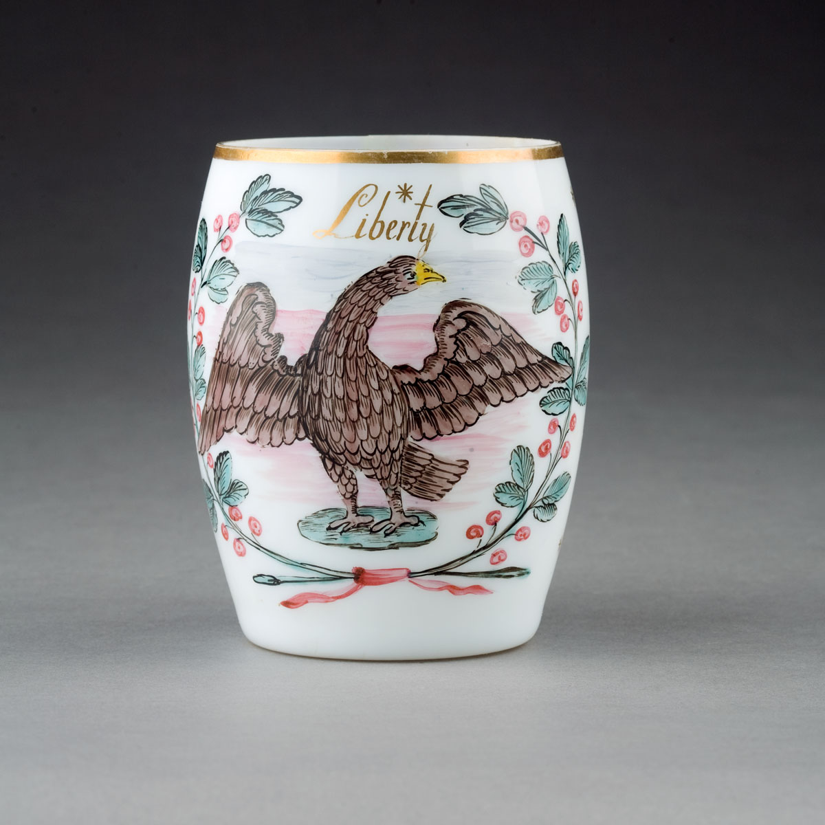 Appraisal: BLOWN MILK GLASS MUG PAINTED WITH AN EAGLE AND quot