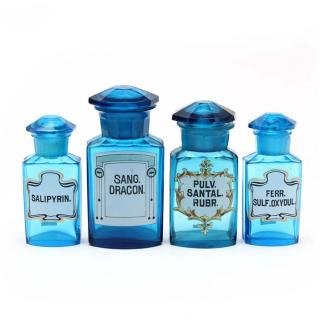 Appraisal: Four Turquoise Apothecary Bottles early th century blown glass a