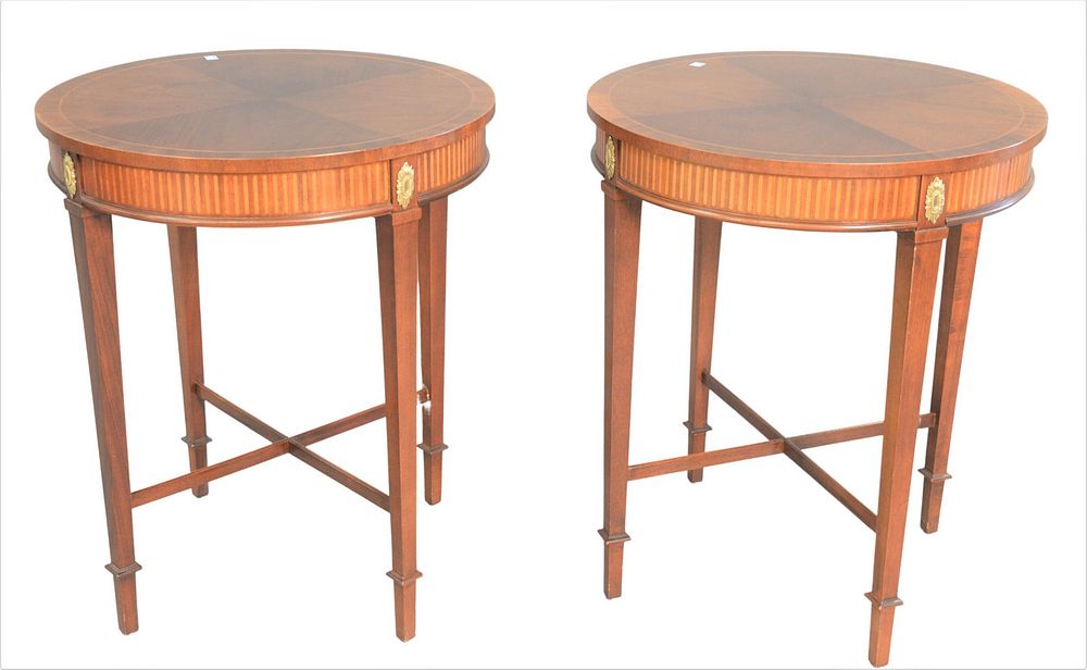 Appraisal: Pair of Baker Round Mahogany Inlaid Tables having X stretcher