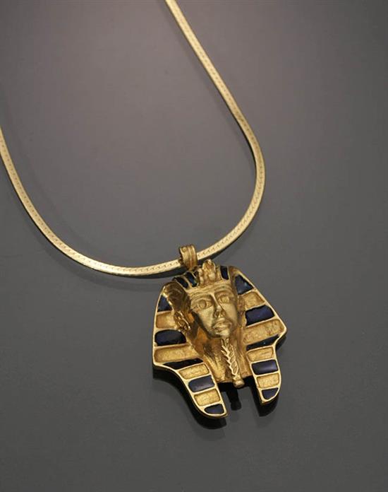 Appraisal: Princess Length Yellow-Gold and Enamel 'Pharaoh' Pendant Necklace The -karat