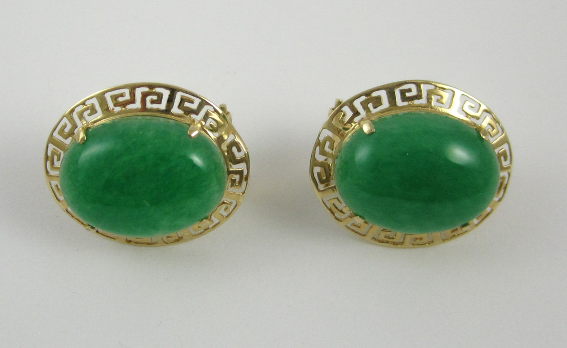 Appraisal: PAIR OF FOURTEEN KARAT GOLD AND JADE EARRINGS each set