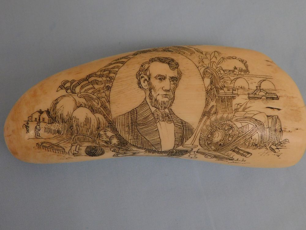 Appraisal: LINCOLN SCRIMSHAW WHALE TOOTH Scrimshaw whale tooth with Abe Lincoln