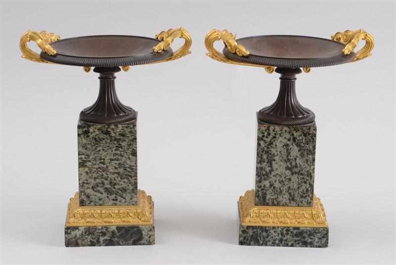 Appraisal: PAIR OF CHARLES X BRONZE GILT-METAL AND MARBLE TAZZAS Each