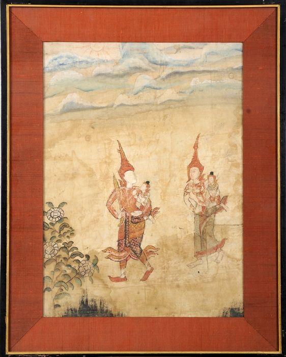 Appraisal: Two Southeast Asian Paintings on Linen Matted and framed x